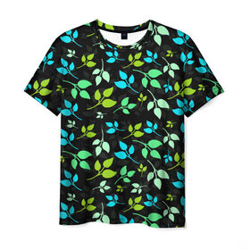 Мужская футболка 3D с принтом цветочный принт в Петрозаводске, 100% полиэфир | прямой крой, круглый вырез горловины, длина до линии бедер | Тематика изображения на принте: акварель | графика | зелень | лес | лето | листья | принт | рисунок | цветок