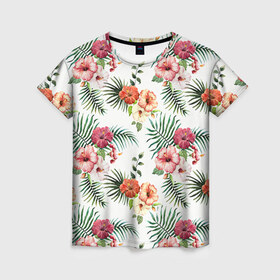 Женская футболка 3D с принтом Цветы и бабочки 1 в Петрозаводске, 100% полиэфир ( синтетическое хлопкоподобное полотно) | прямой крой, круглый вырез горловины, длина до линии бедер | нежный | паттерн | цветочный