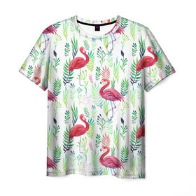 Мужская футболка 3D с принтом Цветы и бабочки 2 в Петрозаводске, 100% полиэфир | прямой крой, круглый вырез горловины, длина до линии бедер | Тематика изображения на принте: растения | фламинго