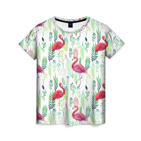 Женская футболка 3D с принтом Цветы и бабочки 2 в Петрозаводске, 100% полиэфир ( синтетическое хлопкоподобное полотно) | прямой крой, круглый вырез горловины, длина до линии бедер | растения | фламинго