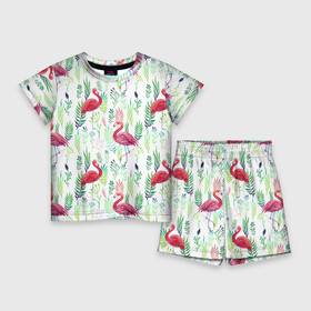 Детский костюм с шортами 3D с принтом Цветы и фламинго 2 в Петрозаводске,  |  | растения | фламинго