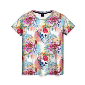 Женская футболка 3D с принтом Цветы и бабочки 5 в Петрозаводске, 100% полиэфир ( синтетическое хлопкоподобное полотно) | прямой крой, круглый вырез горловины, длина до линии бедер | Тематика изображения на принте: акварель | нежный | паттерн | цветочек | цветочный