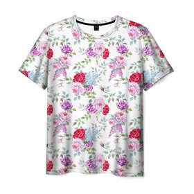 Мужская футболка 3D с принтом Цветы и бабочки 8 в Петрозаводске, 100% полиэфир | прямой крой, круглый вырез горловины, длина до линии бедер | акварель | бабочка | нежный | рисунок | роза | сирень | цветочек | цветочный | цветы
