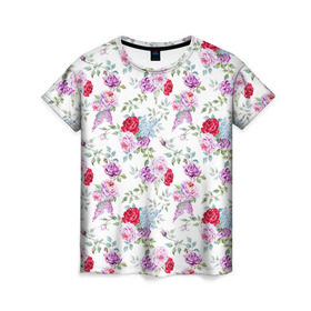 Женская футболка 3D с принтом Цветы и бабочки 8 в Петрозаводске, 100% полиэфир ( синтетическое хлопкоподобное полотно) | прямой крой, круглый вырез горловины, длина до линии бедер | акварель | бабочка | нежный | рисунок | роза | сирень | цветочек | цветочный | цветы