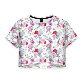 Женская футболка 3D укороченная с принтом Цветы и бабочки 8 в Петрозаводске, 100% полиэстер | круглая горловина, длина футболки до линии талии, рукава с отворотами | Тематика изображения на принте: акварель | бабочка | нежный | рисунок | роза | сирень | цветочек | цветочный | цветы