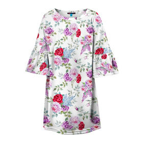 Детское платье 3D с принтом Цветы и бабочки 8 в Петрозаводске, 100% полиэстер | прямой силуэт, чуть расширенный к низу. Круглая горловина, на рукавах — воланы | акварель | бабочка | нежный | рисунок | роза | сирень | цветочек | цветочный | цветы