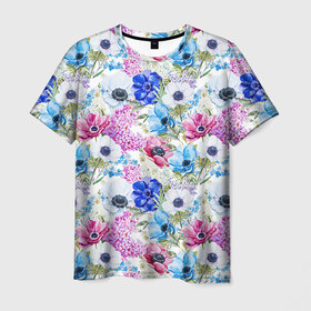 Мужская футболка 3D с принтом Цветы и бабочки 9 в Петрозаводске, 100% полиэфир | прямой крой, круглый вырез горловины, длина до линии бедер | акварель | нежный | паттерн | цветочек | цветочный