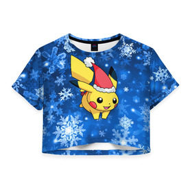 Женская футболка 3D укороченная с принтом Pikachu в Петрозаводске, 100% полиэстер | круглая горловина, длина футболки до линии талии, рукава с отворотами | pikachu | pokeboll | pokemon | зима | новый год | пикачу | покеболл | покемон | снежинки