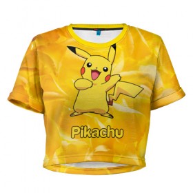 Женская футболка 3D укороченная с принтом Pikachu в Петрозаводске, 100% полиэстер | круглая горловина, длина футболки до линии талии, рукава с отворотами | Тематика изображения на принте: pikachu | pokeboll | pokemon | пикачу | покеболл | покемон