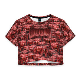 Женская футболка 3D укороченная с принтом Демоны (pixel art) в Петрозаводске, 100% полиэстер | круглая горловина, длина футболки до линии талии, рукава с отворотами | doom