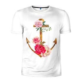 Мужская футболка 3D спортивная с принтом Якорь с цветами в Петрозаводске, 100% полиэстер с улучшенными характеристиками | приталенный силуэт, круглая горловина, широкие плечи, сужается к линии бедра | акварель | бабочка | нежный | рисунок | роза | сирень | цветочек | цветочный | цветы