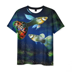 Мужская футболка 3D с принтом Аквариумные рыбки в Петрозаводске, 100% полиэфир | прямой крой, круглый вырез горловины, длина до линии бедер | Тематика изображения на принте: аквариум | вода | водоросли | природа | рыба | рыбка | туризм