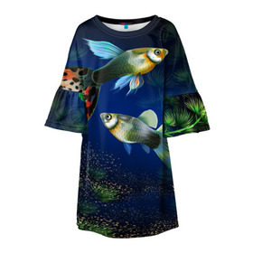 Детское платье 3D с принтом Аквариумные рыбки в Петрозаводске, 100% полиэстер | прямой силуэт, чуть расширенный к низу. Круглая горловина, на рукавах — воланы | аквариум | вода | водоросли | природа | рыба | рыбка | туризм