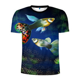 Мужская футболка 3D спортивная с принтом Аквариумные рыбки в Петрозаводске, 100% полиэстер с улучшенными характеристиками | приталенный силуэт, круглая горловина, широкие плечи, сужается к линии бедра | Тематика изображения на принте: аквариум | вода | водоросли | природа | рыба | рыбка | туризм