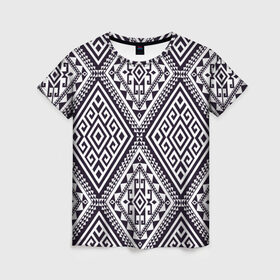 Женская футболка 3D с принтом Тартан в Петрозаводске, 100% полиэфир ( синтетическое хлопкоподобное полотно) | прямой крой, круглый вырез горловины, длина до линии бедер | орнамент | черно белый | этно