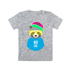 Детская футболка хлопок с принтом Енот в Петрозаводске, 100% хлопок | круглый вырез горловины, полуприлегающий силуэт, длина до линии бедер | city | ny | енот | животные | звери | кепка | очки | серый | хипстер