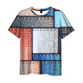 Мужская футболка 3D с принтом Джинсовый стиль в Петрозаводске, 100% полиэфир | прямой крой, круглый вырез горловины, длина до линии бедер | Тематика изображения на принте: заплатки | разноцветный | текстура | ткань