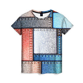 Женская футболка 3D с принтом Джинсовый стиль в Петрозаводске, 100% полиэфир ( синтетическое хлопкоподобное полотно) | прямой крой, круглый вырез горловины, длина до линии бедер | заплатки | разноцветный | текстура | ткань