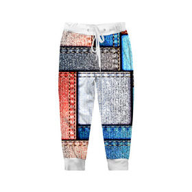 Детские брюки 3D с принтом Джинсовый стиль в Петрозаводске, 100% полиэстер | манжеты по низу, эластичный пояс регулируется шнурком, по бокам два кармана без застежек, внутренняя часть кармана из мелкой сетки | заплатки | разноцветный | текстура | ткань