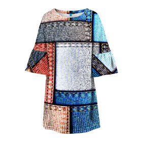 Детское платье 3D с принтом Джинсовый стиль в Петрозаводске, 100% полиэстер | прямой силуэт, чуть расширенный к низу. Круглая горловина, на рукавах — воланы | заплатки | разноцветный | текстура | ткань