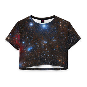 Женская футболка 3D укороченная с принтом Космические дали в Петрозаводске, 100% полиэстер | круглая горловина, длина футболки до линии талии, рукава с отворотами | вселенная | галактика | звёзды | космическое пространство | космос | созвездие