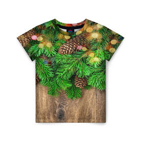 Детская футболка 3D с принтом Елка в Петрозаводске, 100% гипоаллергенный полиэфир | прямой крой, круглый вырез горловины, длина до линии бедер, чуть спущенное плечо, ткань немного тянется | дерево | елка | зеленый | зима | новый год | шишки