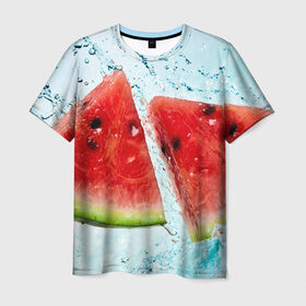 Мужская футболка 3D с принтом Арбуз в Петрозаводске, 100% полиэфир | прямой крой, круглый вырез горловины, длина до линии бедер | Тематика изображения на принте: арбуз | арт | вода | косточки | рисунок