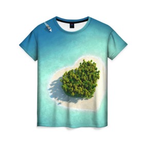 Женская футболка 3D с принтом Остров в Петрозаводске, 100% полиэфир ( синтетическое хлопкоподобное полотно) | прямой крой, круглый вырез горловины, длина до линии бедер | вода | дерево | лето | море | океан | остров | пальмы | песок | сердечко | сердце | синий