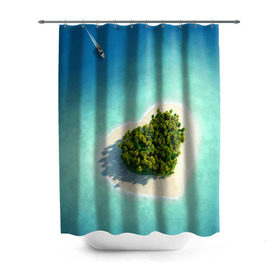 Штора 3D для ванной с принтом Остров в Петрозаводске, 100% полиэстер | плотность материала — 100 г/м2. Стандартный размер — 146 см х 180 см. По верхнему краю — пластиковые люверсы для креплений. В комплекте 10 пластиковых колец | вода | дерево | лето | море | океан | остров | пальмы | песок | сердечко | сердце | синий