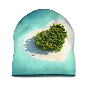 Шапка 3D с принтом Остров в Петрозаводске, 100% полиэстер | универсальный размер, печать по всей поверхности изделия | вода | дерево | лето | море | океан | остров | пальмы | песок | сердечко | сердце | синий