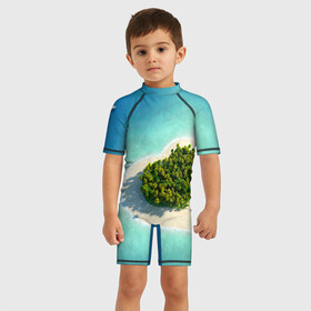 Детский купальный костюм 3D с принтом Остров в Петрозаводске, Полиэстер 85%, Спандекс 15% | застежка на молнии на спине | вода | дерево | лето | море | океан | остров | пальмы | песок | сердечко | сердце | синий