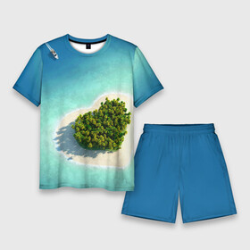 Мужской костюм с шортами 3D с принтом Остров в Петрозаводске,  |  | вода | дерево | лето | море | океан | остров | пальмы | песок | сердечко | сердце | синий