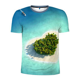 Мужская футболка 3D спортивная с принтом Остров в Петрозаводске, 100% полиэстер с улучшенными характеристиками | приталенный силуэт, круглая горловина, широкие плечи, сужается к линии бедра | вода | дерево | лето | море | океан | остров | пальмы | песок | сердечко | сердце | синий