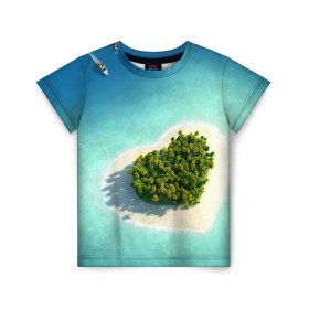 Детская футболка 3D с принтом Остров в Петрозаводске, 100% гипоаллергенный полиэфир | прямой крой, круглый вырез горловины, длина до линии бедер, чуть спущенное плечо, ткань немного тянется | вода | дерево | лето | море | океан | остров | пальмы | песок | сердечко | сердце | синий