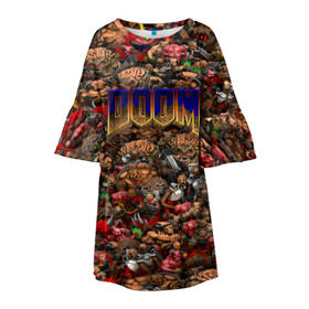 Детское платье 3D с принтом Doom. Все монстры (pixel art) в Петрозаводске, 100% полиэстер | прямой силуэт, чуть расширенный к низу. Круглая горловина, на рукавах — воланы | 