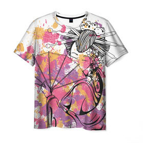Мужская футболка 3D с принтом Гейша в Петрозаводске, 100% полиэфир | прямой крой, круглый вырез горловины, длина до линии бедер | Тематика изображения на принте: веер | девушка | краски | рисунок | цвета | япония