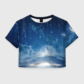 Женская футболка 3D укороченная с принтом Звездное небо в Петрозаводске, 100% полиэстер | круглая горловина, длина футболки до линии талии, рукава с отворотами | вселенная | галактика | звезды | небо | ночь