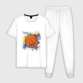 Мужская пижама хлопок с принтом Баскетбольный мяч в штрихах в Петрозаводске, 100% хлопок | брюки и футболка прямого кроя, без карманов, на брюках мягкая резинка на поясе и по низу штанин
 | Тематика изображения на принте: баскетбол | стилизация | штрихи