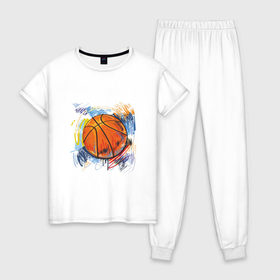 Женская пижама хлопок с принтом Баскетбольный мяч в штрихах в Петрозаводске, 100% хлопок | брюки и футболка прямого кроя, без карманов, на брюках мягкая резинка на поясе и по низу штанин | баскетбол | стилизация | штрихи