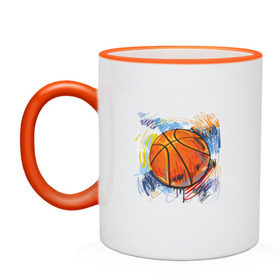 Кружка двухцветная с принтом Баскетбольный мяч в штрихах в Петрозаводске, керамика | объем — 330 мл, диаметр — 80 мм. Цветная ручка и кайма сверху, в некоторых цветах — вся внутренняя часть | баскетбол | стилизация | штрихи