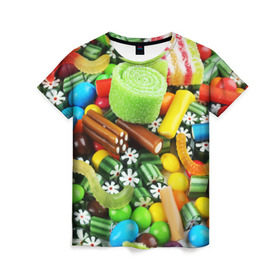 Женская футболка 3D с принтом Сладости в Петрозаводске, 100% полиэфир ( синтетическое хлопкоподобное полотно) | прямой крой, круглый вырез горловины, длина до линии бедер | вкуснотища | вкусняшки | глазурь | жевачка | карамель | карамельки | конфетки | конфеты | леденец | мармеладки | сахар | сладости