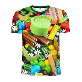 Мужская футболка 3D спортивная с принтом Сладости в Петрозаводске, 100% полиэстер с улучшенными характеристиками | приталенный силуэт, круглая горловина, широкие плечи, сужается к линии бедра | вкуснотища | вкусняшки | глазурь | жевачка | карамель | карамельки | конфетки | конфеты | леденец | мармеладки | сахар | сладости