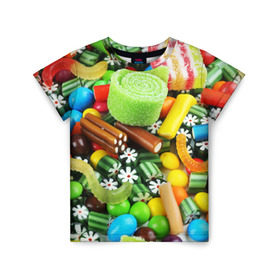 Детская футболка 3D с принтом Сладости в Петрозаводске, 100% гипоаллергенный полиэфир | прямой крой, круглый вырез горловины, длина до линии бедер, чуть спущенное плечо, ткань немного тянется | Тематика изображения на принте: вкуснотища | вкусняшки | глазурь | жевачка | карамель | карамельки | конфетки | конфеты | леденец | мармеладки | сахар | сладости