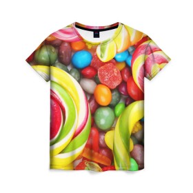 Женская футболка 3D с принтом Вкусняшки в Петрозаводске, 100% полиэфир ( синтетическое хлопкоподобное полотно) | прямой крой, круглый вырез горловины, длина до линии бедер | вкуснотища | вкусняшки | глазурь | жевачка | карамель | карамельки | конфетки | конфеты | леденец | мармеладки | сахар | сладости