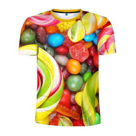 Мужская футболка 3D спортивная с принтом Вкусняшки в Петрозаводске, 100% полиэстер с улучшенными характеристиками | приталенный силуэт, круглая горловина, широкие плечи, сужается к линии бедра | вкуснотища | вкусняшки | глазурь | жевачка | карамель | карамельки | конфетки | конфеты | леденец | мармеладки | сахар | сладости