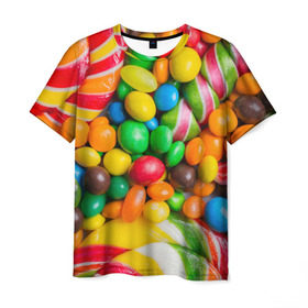 Мужская футболка 3D с принтом Сладкоежка в Петрозаводске, 100% полиэфир | прямой крой, круглый вырез горловины, длина до линии бедер | вкуснотища | вкусняшки | глазурь | жевачка | карамель | карамельки | конфетки | конфеты | леденец | мармеладки | сахар | сладости