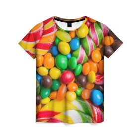 Женская футболка 3D с принтом Сладкоежка в Петрозаводске, 100% полиэфир ( синтетическое хлопкоподобное полотно) | прямой крой, круглый вырез горловины, длина до линии бедер | вкуснотища | вкусняшки | глазурь | жевачка | карамель | карамельки | конфетки | конфеты | леденец | мармеладки | сахар | сладости