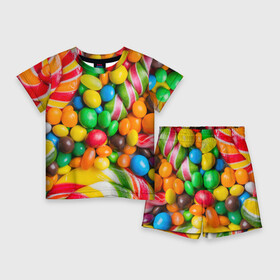 Детский костюм с шортами 3D с принтом Сладкоежка в Петрозаводске,  |  | вкуснотища | вкусняшки | глазурь | жевачка | карамель | карамельки | конфетки | конфеты | леденец | мармеладки | сахар | сладости