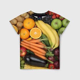 Детская футболка 3D с принтом Овощи и фрукты в Петрозаводске, 100% гипоаллергенный полиэфир | прямой крой, круглый вырез горловины, длина до линии бедер, чуть спущенное плечо, ткань немного тянется | апельсин | баклажан | банан | картофель | клубника | кукуруза | морковь | овощи | перец | фрукты | яблоки