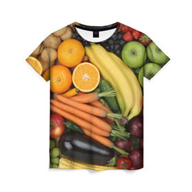 Женская футболка 3D с принтом Овощи и фрукты в Петрозаводске, 100% полиэфир ( синтетическое хлопкоподобное полотно) | прямой крой, круглый вырез горловины, длина до линии бедер | апельсин | баклажан | банан | картофель | клубника | кукуруза | морковь | овощи | перец | фрукты | яблоки